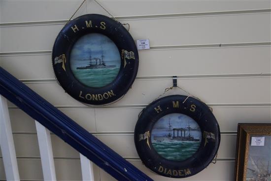 English School c.1900 Ship portraits of HMS London and HMS Diadem, tondo, 7.5in., with painted lifebuoy frames 12in.
